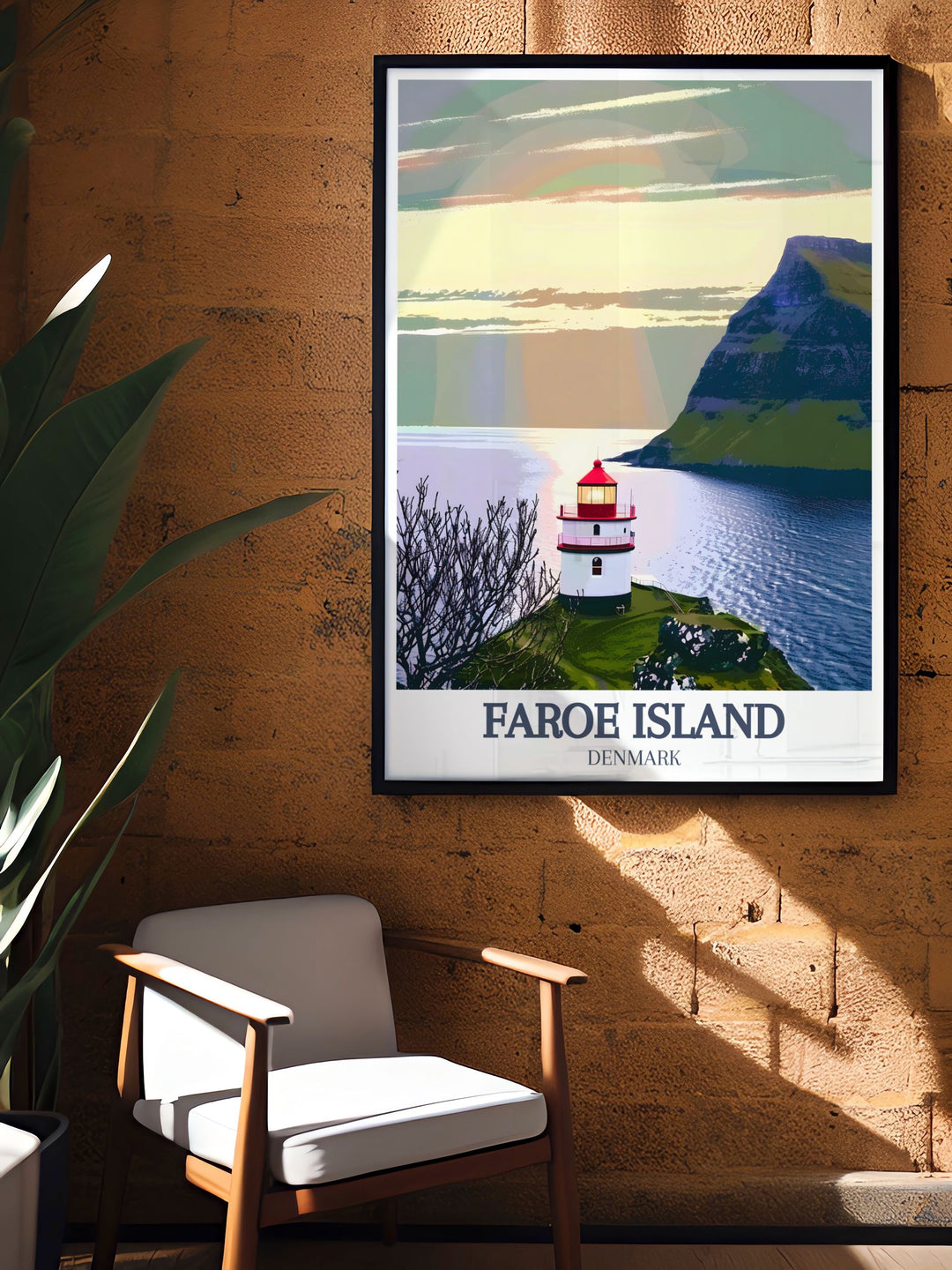 Faroe Island travel art showcasing the majestic Kallur Lighthouse set against the vast Atlantic Ocean. This poster is ideal for enhancing your home decor or as a special gift for fans of Denmark and nature inspired artwork.