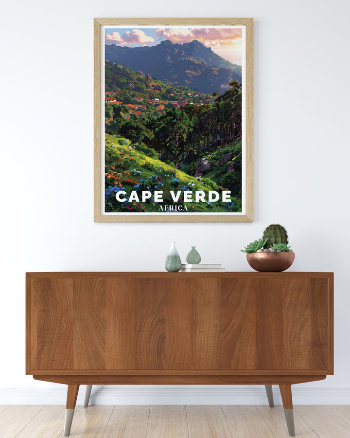 This vintage style Cape Verde poster highlights the dramatic landscapes of Mount Verde, along with the serene Atlantic coastline. Perfect for nature lovers, this travel print brings the rugged charm of Cape Verde into your home or office with a timeless design.