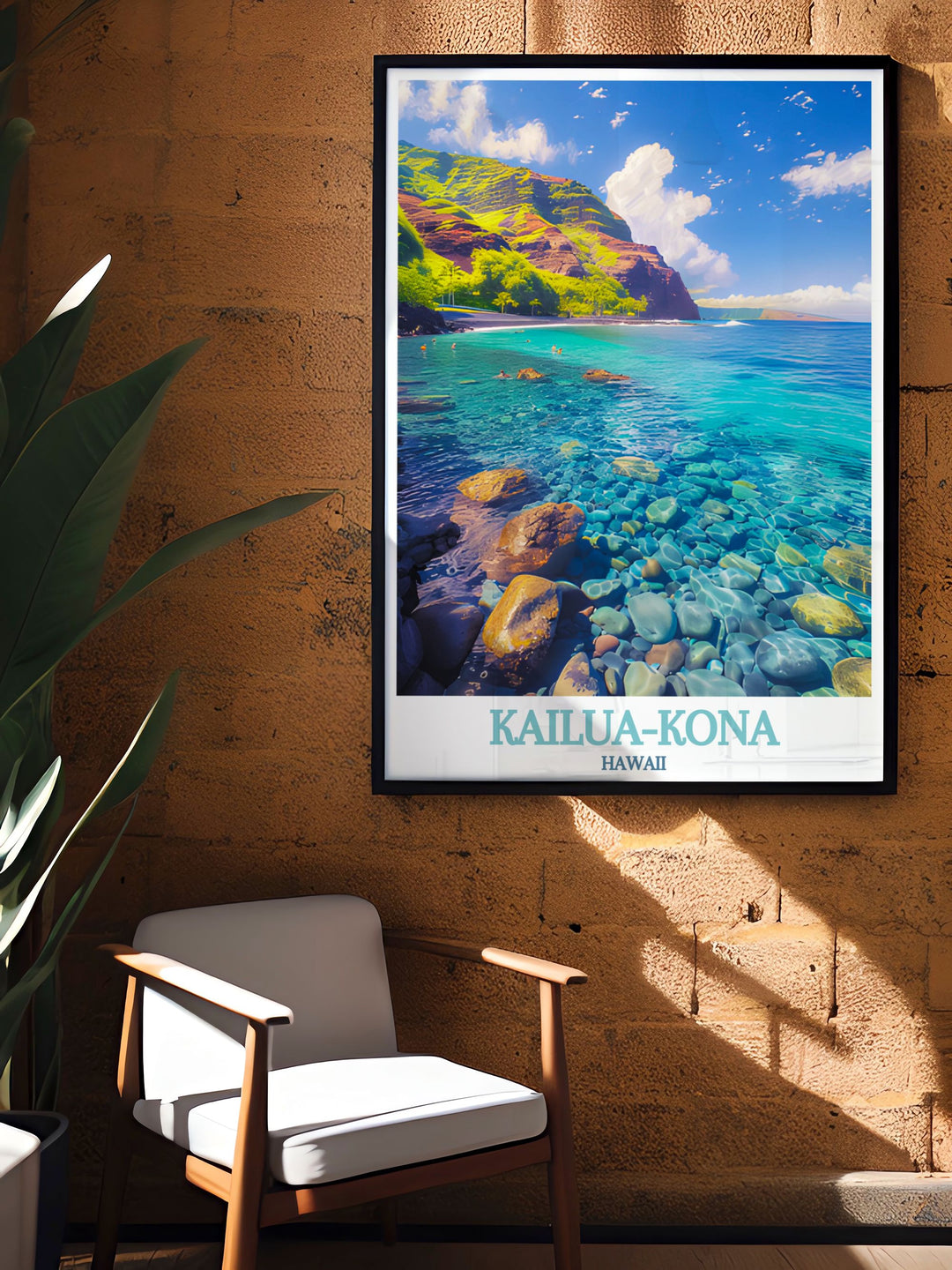 This colorful art print of Kailua Kona depicts its historical significance and natural beauty. The artwork features landmarks like Hulihee Palace and scenic beaches, perfect for any Hawaii themed decor.