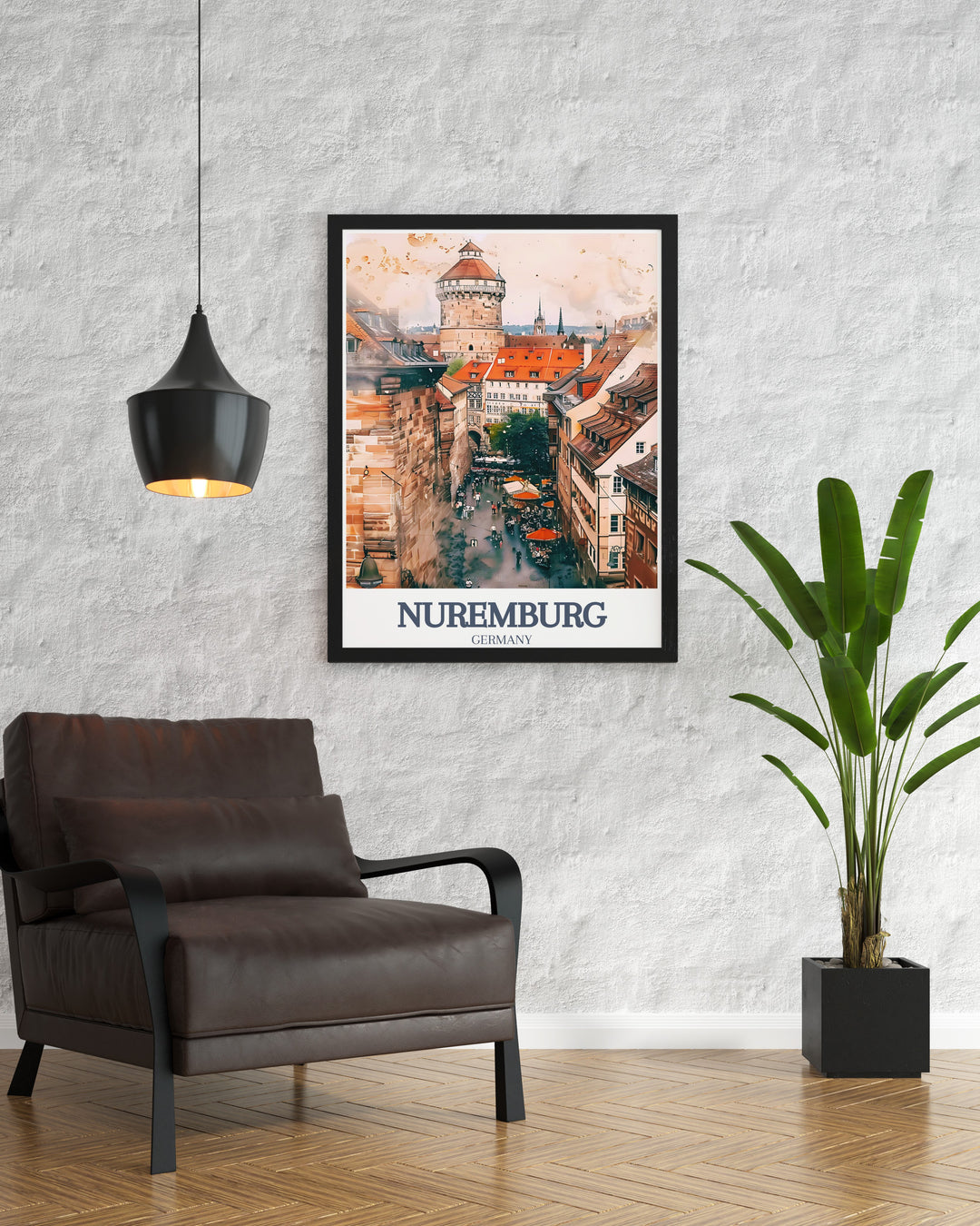 Nuremberg Hauptmarkt wall art print highlighting the cultural vibrancy of this famous square, paired with the grandeur of Nuremberg Castle. This minimalist design brings together two of the citys most important landmarks, making it an ideal addition to any art collection or as a personalized gift.