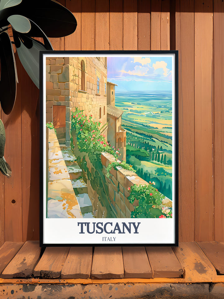 Discover the beauty of Tuscany with this framed art print, showcasing Val dOrcia and its picturesque towns of Pienza and San Quirico dOrcia. This artwork is perfect for gifting or adding Italian charm to your living space.