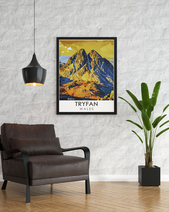 British railway art style print of Snowdonia featuring Tryfan Summit and Mount Snowdon ideal for creating an elegant living room decor