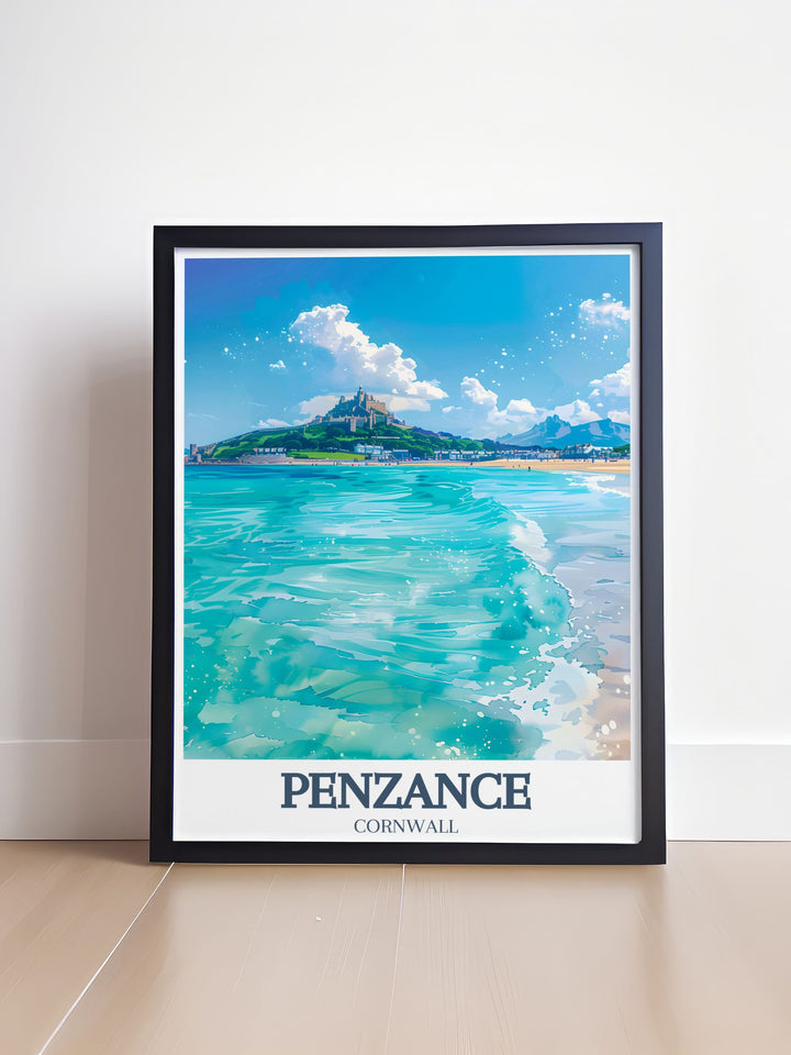 Artistic depiction of Porthleven Harbour in a Vintage Travel Print highlighting the beauty of Mount Bay St Michaels Mount an ideal piece for adding charm and sophistication to your home with a focus on Cornish village life