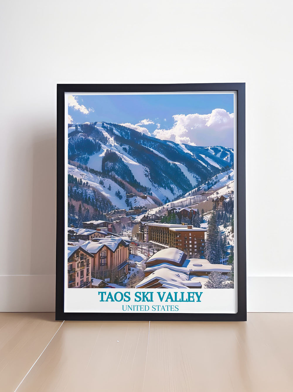 Uncover the natural beauty of Taos with this detailed art print, highlighting the ski resorts picturesque landscape and welcoming atmosphere.