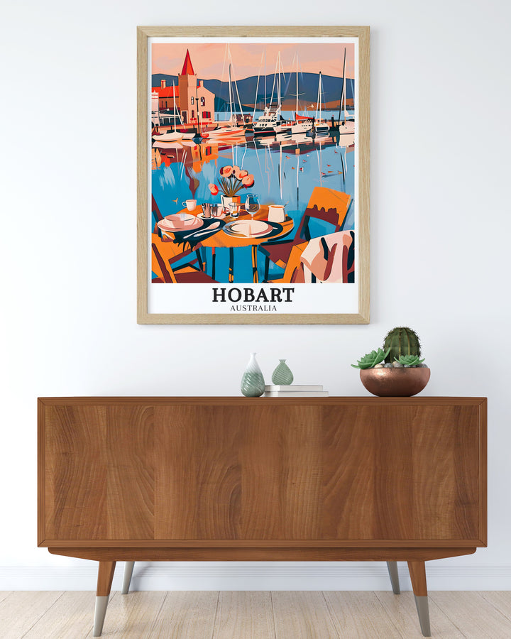 Elegant Hobart travel gift featuring a detailed print of the Hobart Ferry Terminal and the River Derwent. This Australia wall art captures the bustling energy of the terminal and the calm flow of the river, perfect for adding a touch of Australian charm to any room