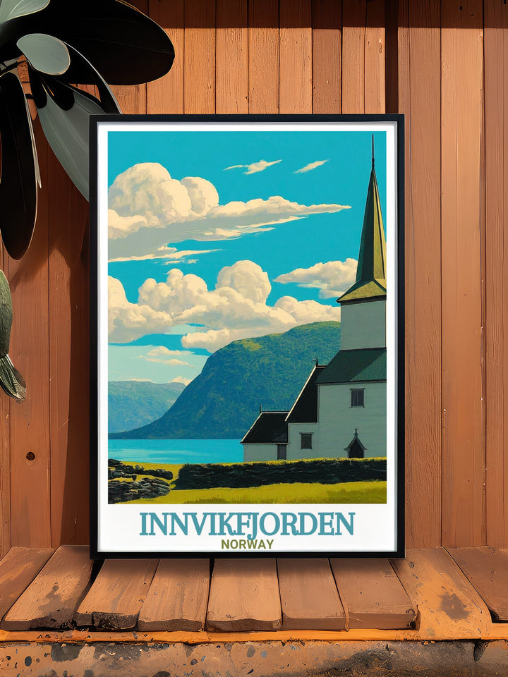 Modern art print of Innvik Church capturing the Nordic beauty and serene waters of the Norwegian Fjords perfect for any room