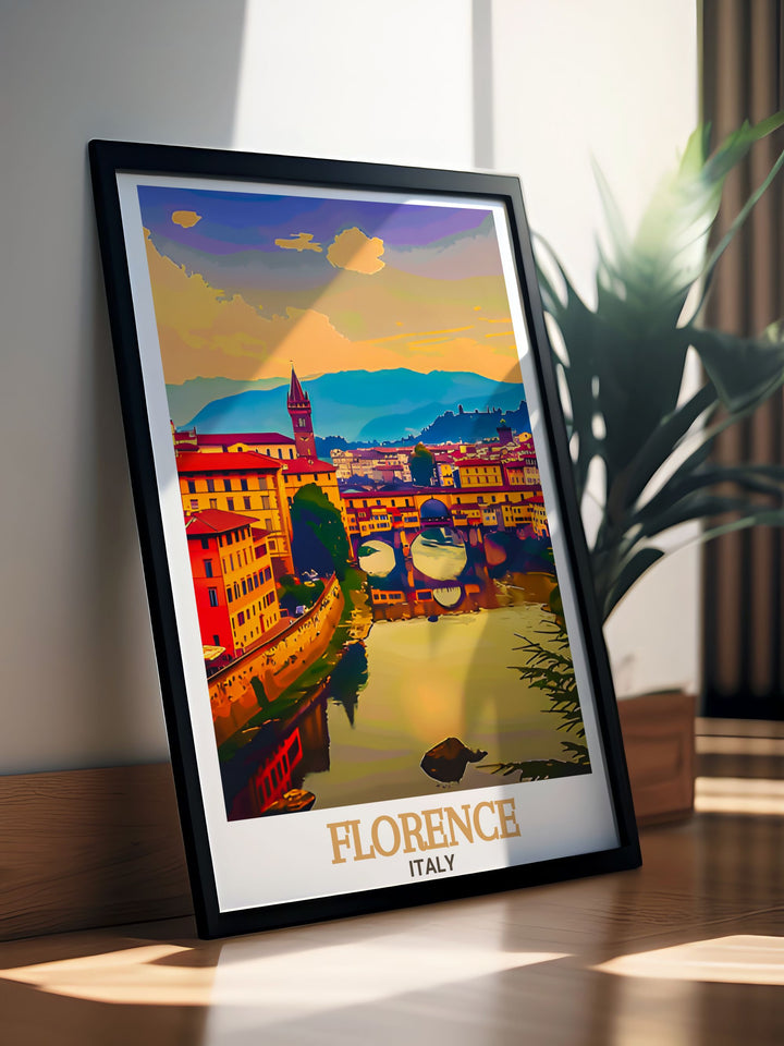 Ponte Vecchio modern print captures the charm of Florence Italy in beautiful detail. This Italy wall art is ideal for adding sophistication to your living room or office with its timeless design and the iconic bridge that defines the beauty of Florence