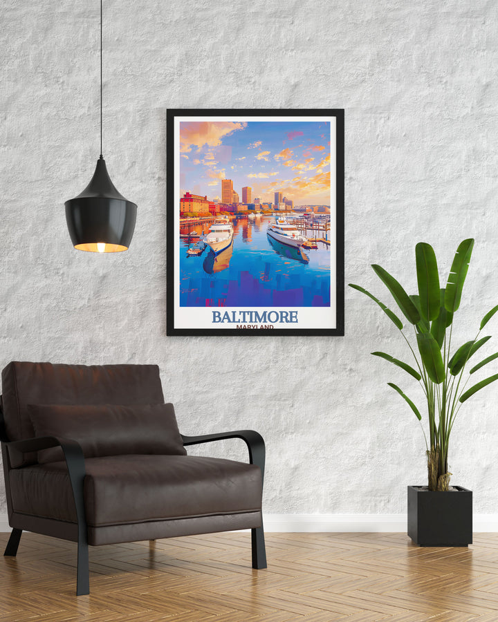 Inner Harbor artwork presenting a stunning black and white photo of Baltimores waterfront this fine art print adds a unique charm and depth to your home decor suitable for both contemporary and classic interior styles