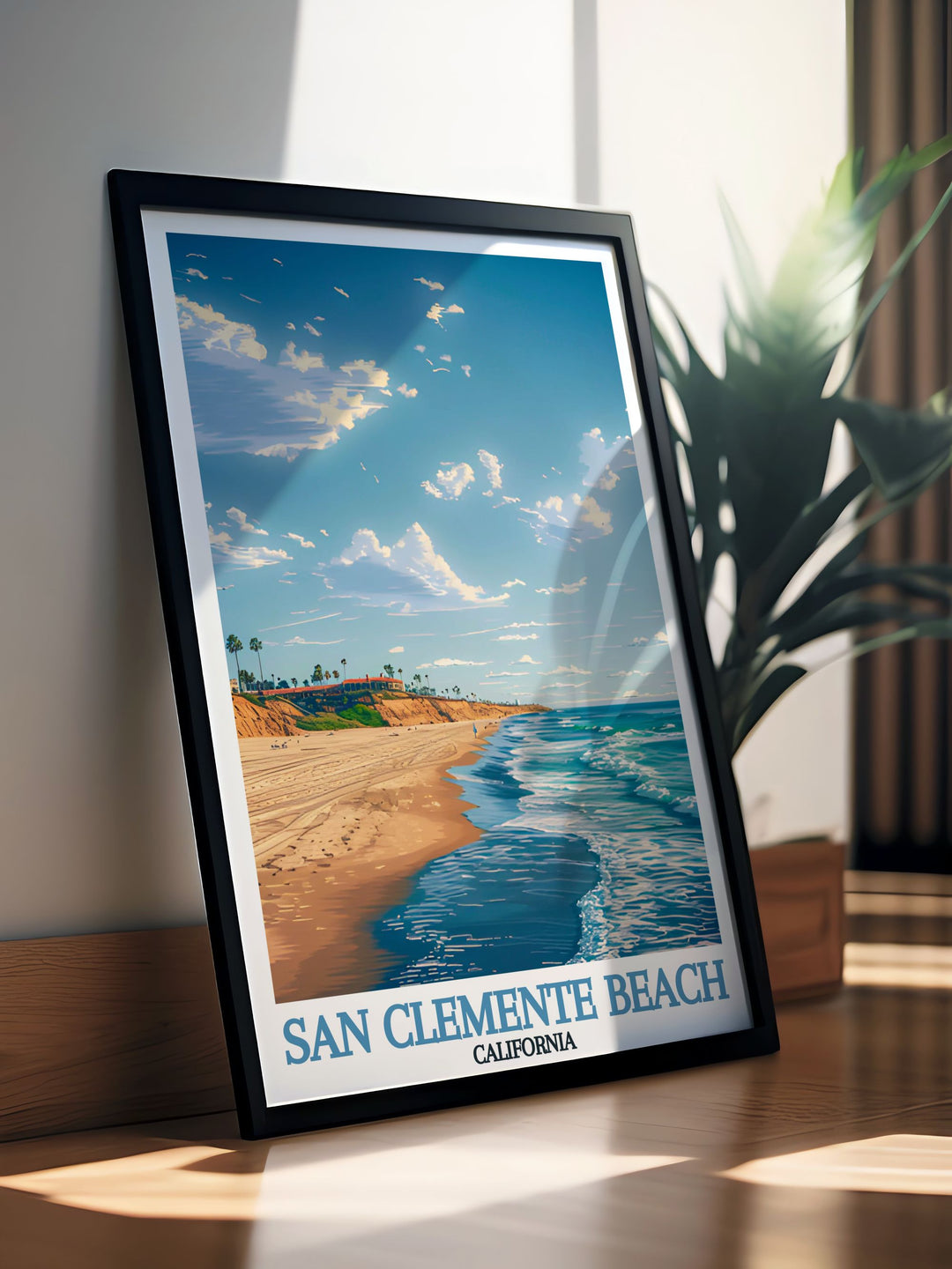 The San Clemente Beach Travel Print offers a stunning view of Californias iconic shoreline. Featuring the rolling waves and sun drenched sands, this artwork makes an excellent addition to any home or office that celebrates beach life.