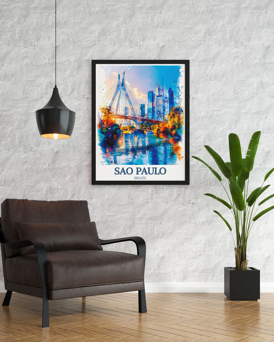 Captivating travel poster of Sao Paulo featuring the Octávio Frias de Oliveira Bridge, capturing the stunning architecture and night illumination of this modern marvel.