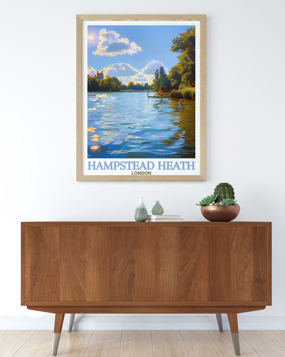 Canvas print capturing the essence of Hampstead Heath and its ponds. This travel poster set showcases Londons natural beauty, making it a perfect gift or addition to your home décor.