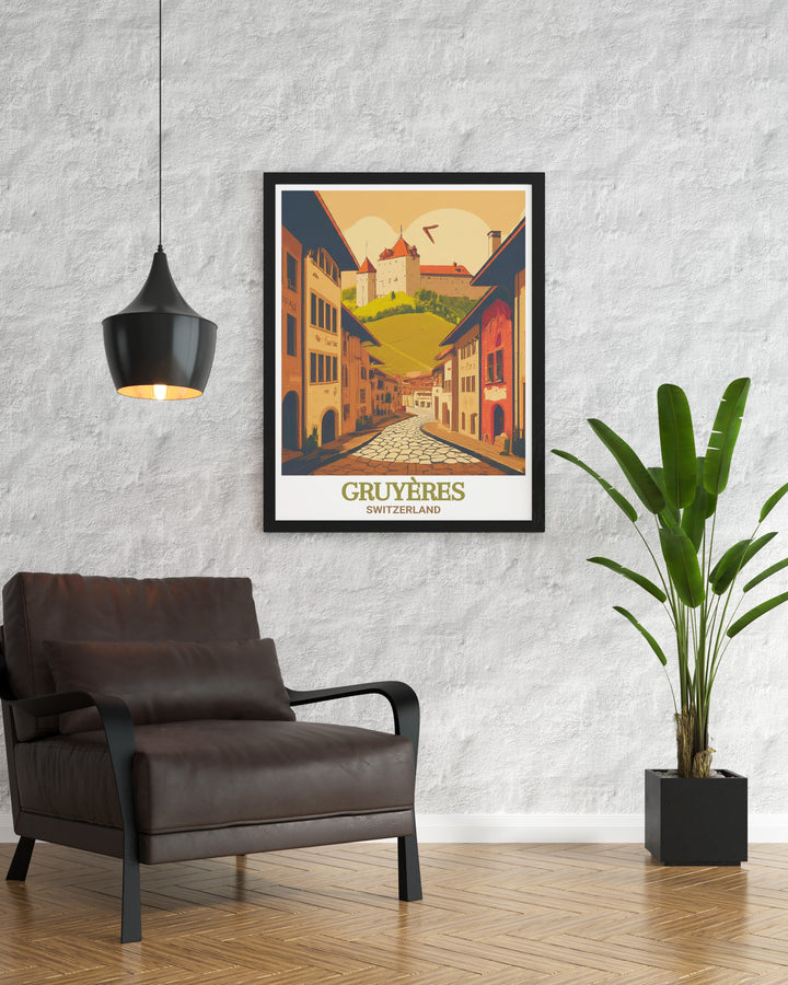 Elegant Gruyeres Medieval Town art print highlighting the beauty of Switzerlands medieval architecture. A great addition to any art collection, this travel print brings a touch of Swiss history to your home decor.