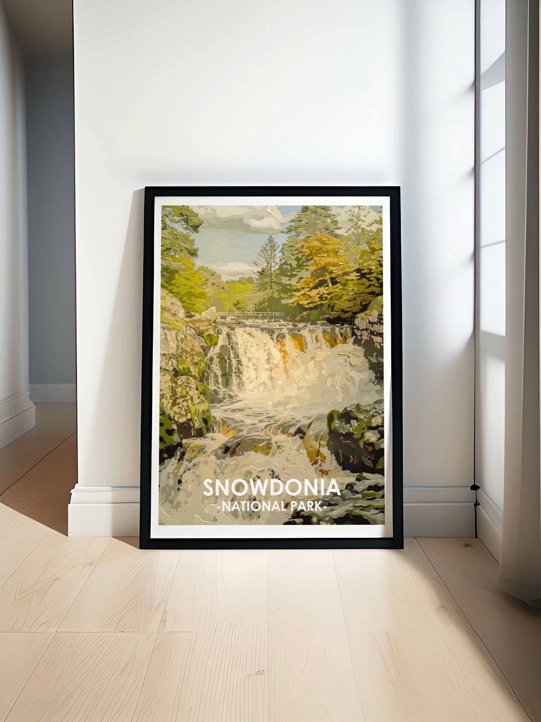 Travel poster featuring the breathtaking beauty of Swallow Falls in Snowdonia perfect for home living decor and nature enthusiasts an ideal Snowdonia gift for those who love mountain art and National Parks