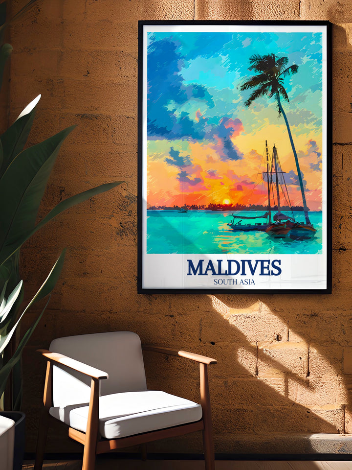 Velassaru Island Wall Art capturing the stunning natural beauty of this hidden gem in the Maldives, with traditional Dhoni boats gently floating on the crystal clear waters of the Indian Ocean. This wall art is perfect for creating a serene and inviting atmosphere in any room.