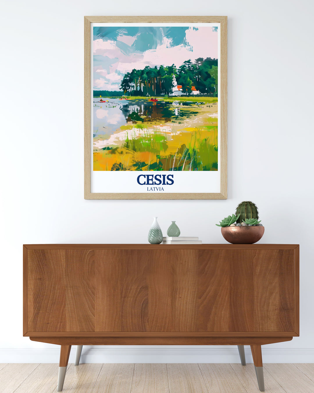 Art print showcasing Cēsis, Latvia, with its medieval architecture, the winding Gauja River, and the lush landscapes of Gauja National Park. This piece is ideal for those who love history, nature, and travel inspired art.