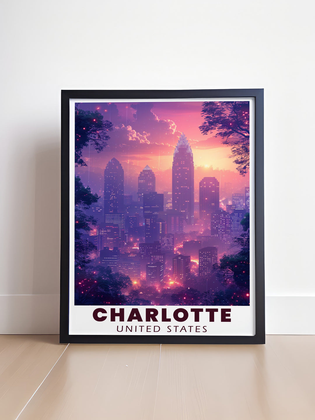 This Charlotte poster print highlights the iconic Bank of America Corporate Center and other key landmarks of the citys dynamic skyline. Featuring fine line details and colorful designs, this travel print captures the spirit of Charlottes growth and modern appeal. Perfect for home decor, it brings a piece of the Queen Citys charm into any space, ideal for lovers of urban landscapes.