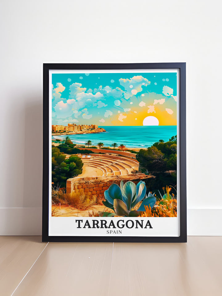 Elegant Tarragona Art Print featuring the Roman Amphitheatre and Balco del Mediterrani. This Spain Wall Decor is a beautiful blend of historical significance and Mediterranean charm, ideal for gifts or personal collection.