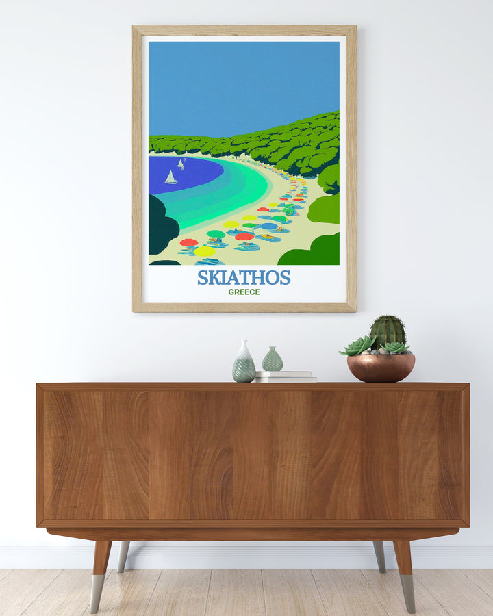 Koukounaries Beach wall art from Skiathos Island. This print beautifully captures the essence of Greek island life, with its picturesque setting and vibrant hues. A perfect addition to any room that needs a touch of serenity and beauty.