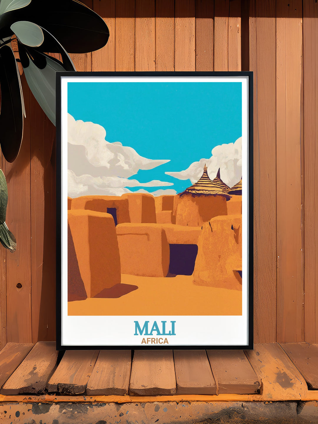 A travel poster of Malis Bandiagara Escarpment, showcasing the unique combination of natural beauty and cultural heritage in Africa. Perfect for world travelers and nature lovers alike.