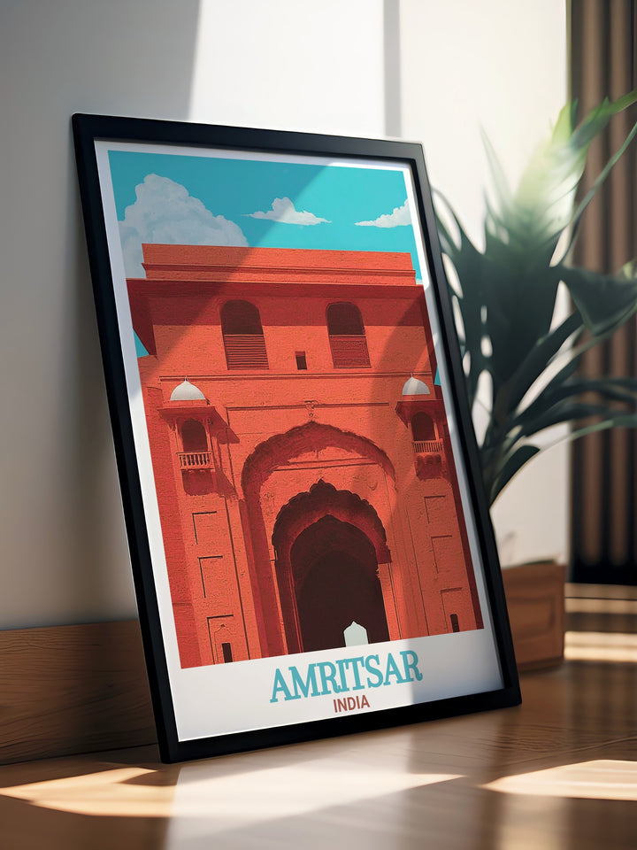 This India travel poster captures the rich history of Amritsar, with Gobindgarh Fort prominently displayed against the backdrop of the city. Ideal for travel enthusiasts and history lovers, this wall art brings a piece of Indias heritage into your home.