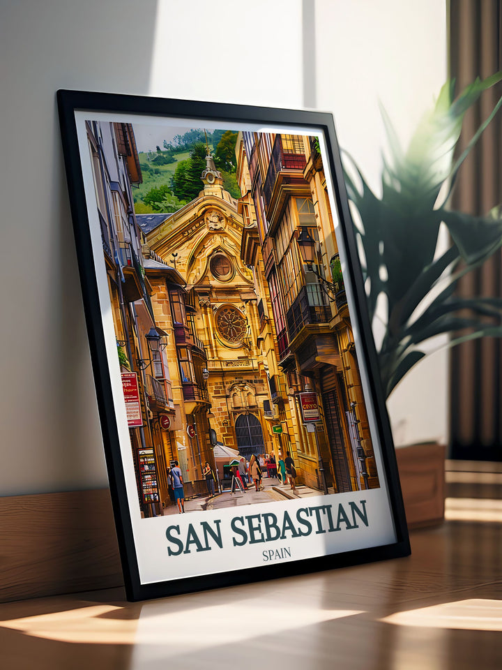 Elegant San Sebastian Photo of Old Town and Santa Maria Church a stunning piece of art perfect for living room decor this fine line print brings the vibrant atmosphere of San Sebastian into your home ideal for unique gifts