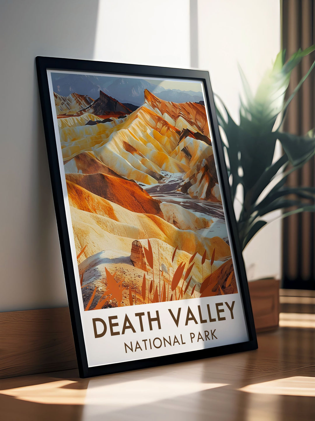 Vintage poster highlighting the stark beauty of Death Valleys desert landscape, featuring the parks iconic views from Zabriskie Point and the rugged badlands.