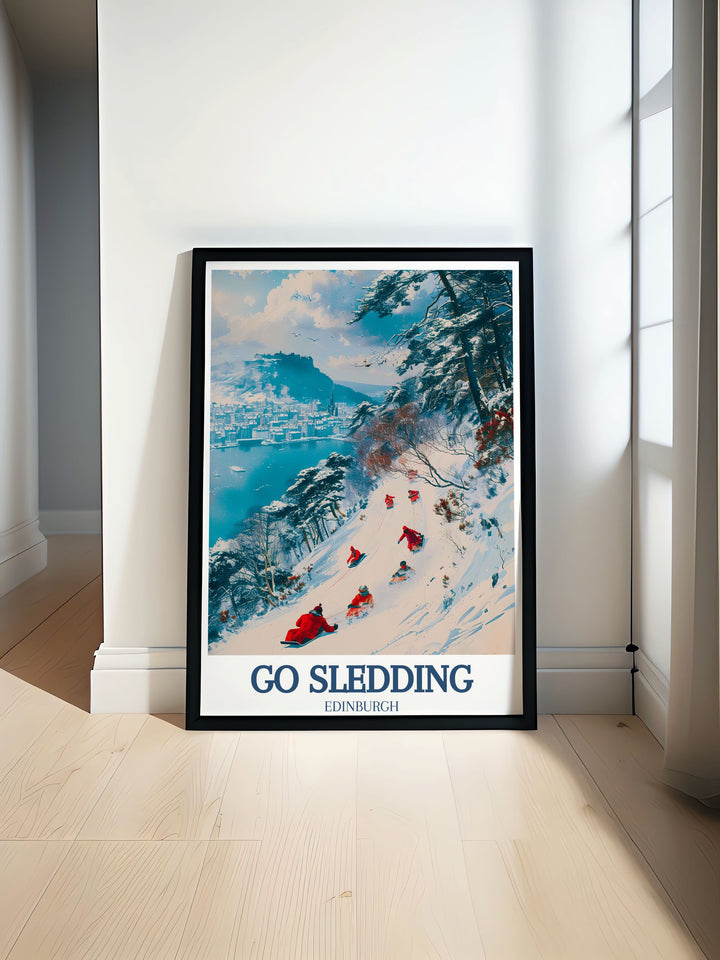 Travel poster capturing the excitement of sledding at Arthurs Seat, with the snow covered peak and bustling activity creating a lively winter scene.