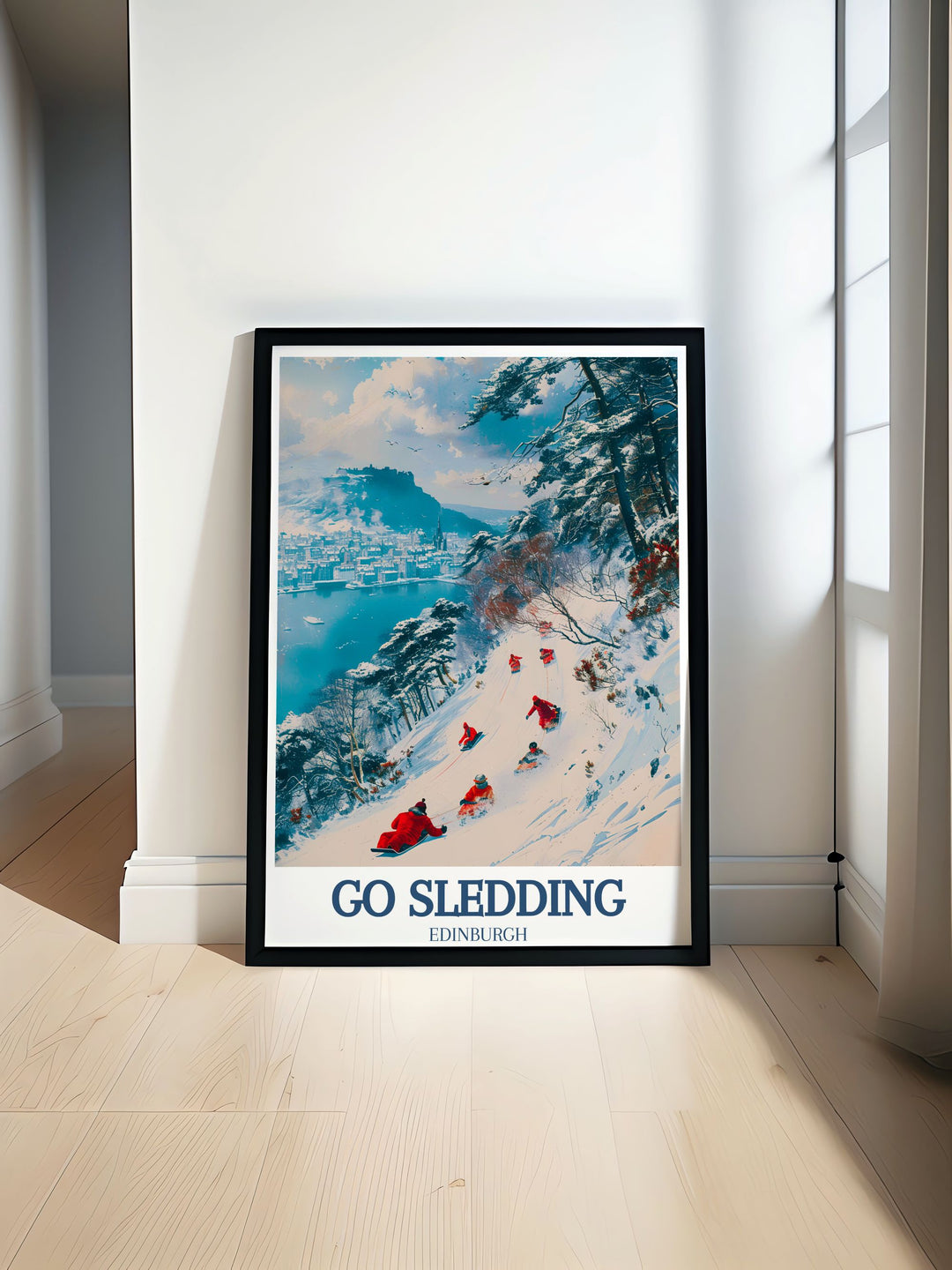 Capture the joy of a snow day with this Sledding Art Print, showcasing the famous Arthurs Seat in Edinburgh. A perfect winter addition for lovers of outdoor sports and snowy landscapes, this print brings adventure to your home decor.