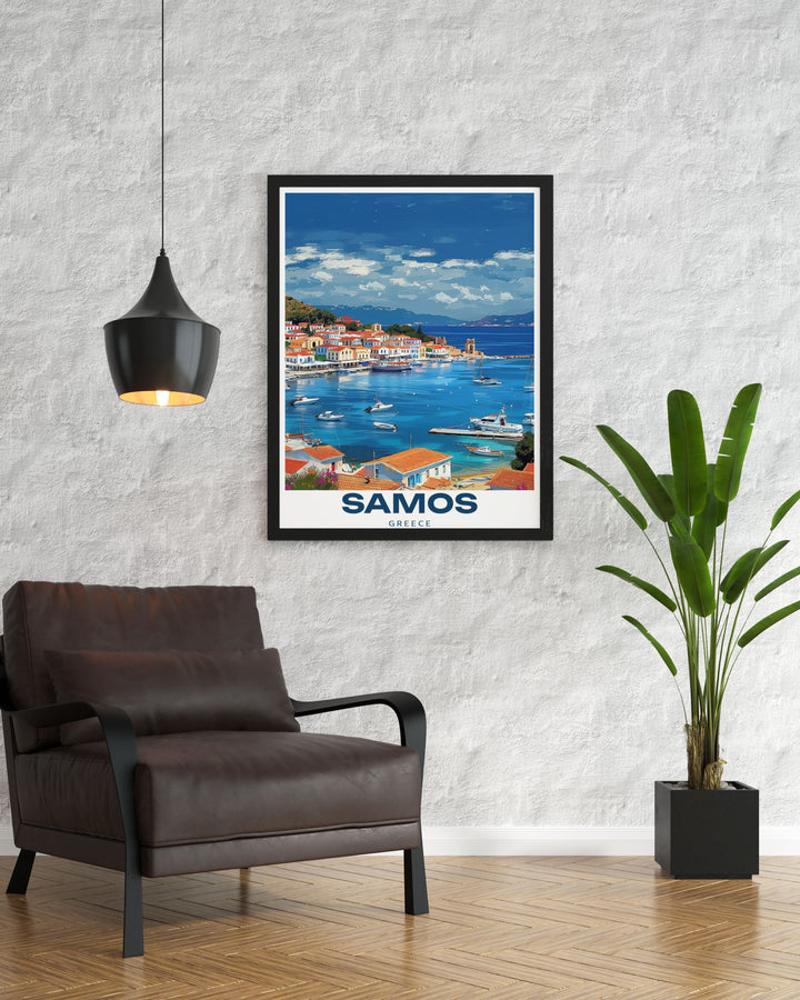 Our Samos wall art showcases the vibrant town of Pythagoreio, known for its rich history and Mediterranean beauty. This travel print is a perfect addition to any décor, offering a glimpse into Greeces timeless charm and ancient culture.