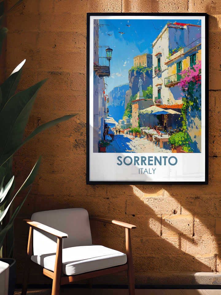 Piaza Tasso artwork featuring detailed illustrations of Piaza Tasso and Sorrento's vibrant cafes and shops. Perfect for adding a touch of Italian elegance to your home this Sorrento travel poster is a must have for anyone who loves Italy and its beautiful landscapes.