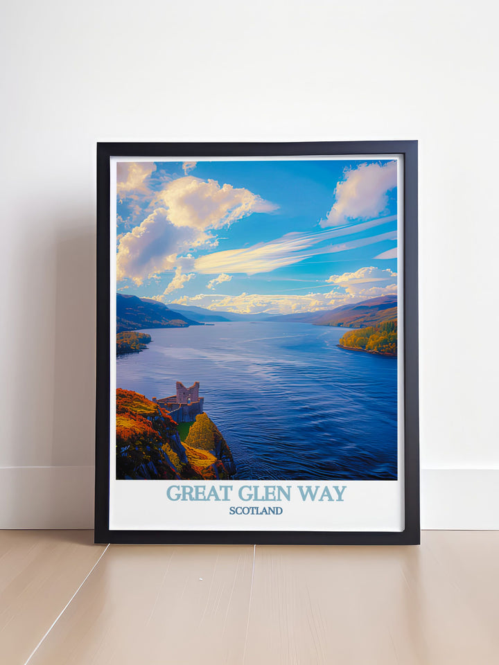 Showcasing the tranquil waters of Loch Ness and the surrounding picturesque hills, this travel poster brings the serene beauty of one of Scotlands most famous landmarks into your home decor.