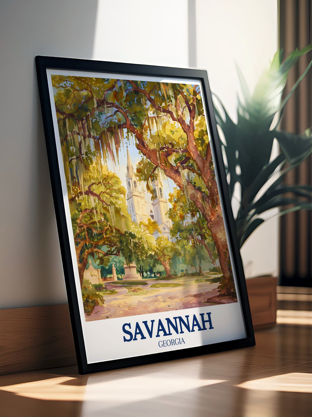 Modern art print of Forsyth Park and the Cathedral of St. John the Baptist ideal for enhancing your living space with the timeless beauty and rich history of Savannah South Carolina