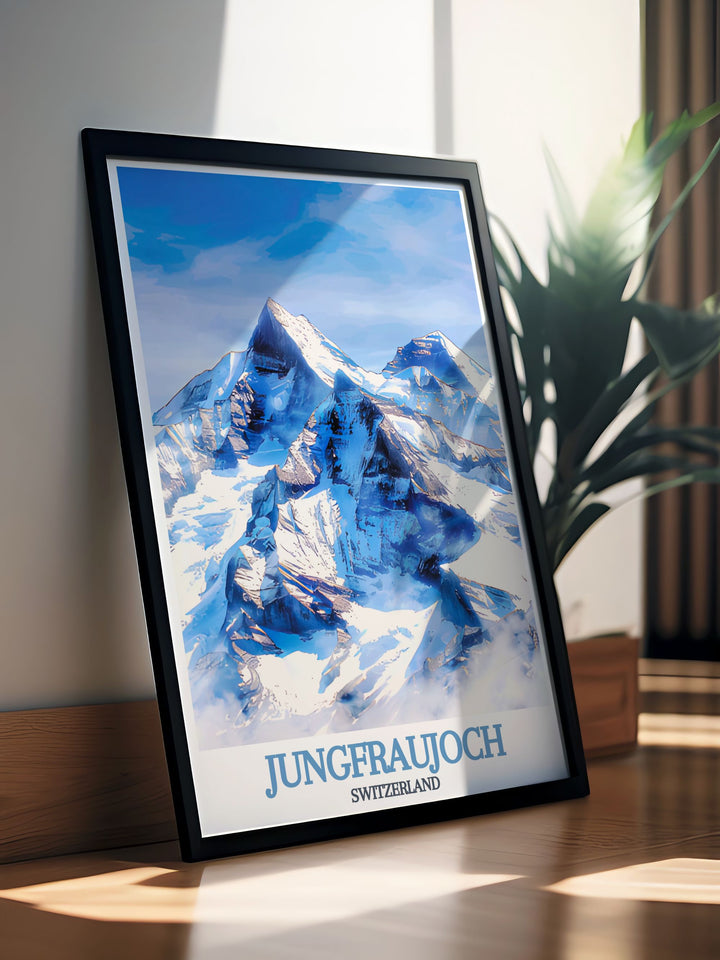 A beautifully detailed print showcasing Eiger, Mönch, and Jungfrau peaks in Switzerland, highlighting the iconic alpine landscape and the formidable north face of Eiger. This art piece captures the majestic scenery, perfect for adding a touch of Swiss charm to your living room decor.