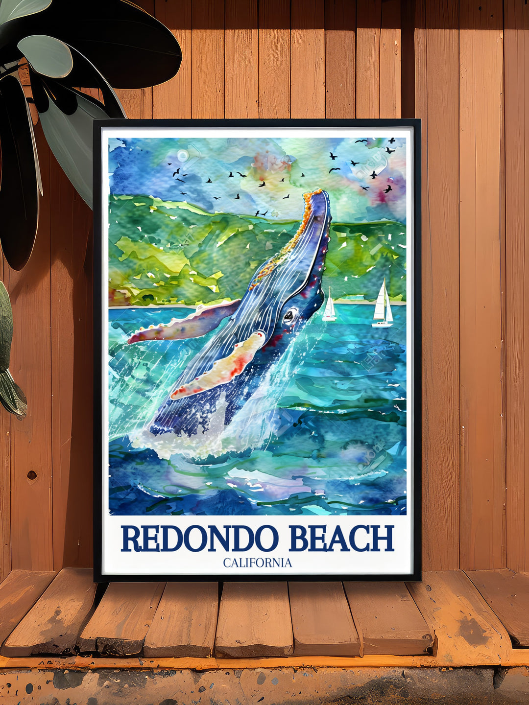 Redondo Beach travel poster featuring the iconic coastal scenes of Southern California, with a focus on the calm beauty of Redondo Beach and the excitement of whale watching. This vintage style wall poster adds a touch of Californias coastal charm to any room.