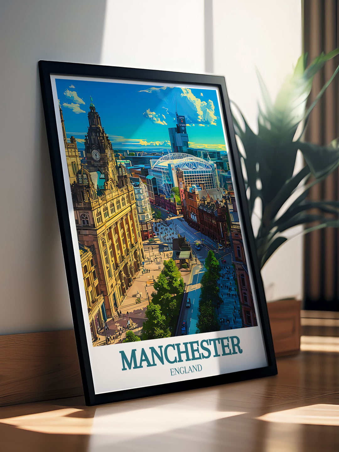 Manchester town hall and Old Trafford stadium artwork highlighting the beauty and grandeur of the citys most famous landmarks perfect for art lovers and collectors who value detailed craftsmanship.