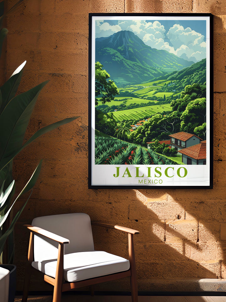 Showcasing Jaliscos famed Tequila Landscape, this poster print brings a touch of Mexican history and beauty to your space. With its bold colors and detailed imagery, its a must have for lovers of travel, art, and culture.