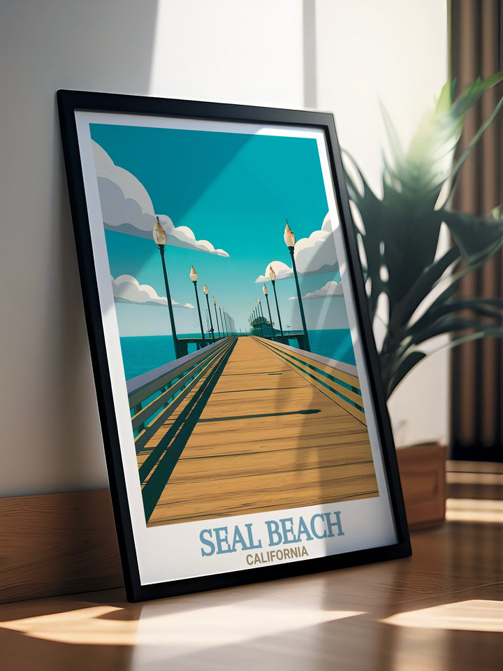 Seal Beach Print showcases the tranquil beauty of the Seal Beach Pier against the backdrop of the ocean. This wall art is perfect for beach lovers and travelers who want to bring a bit of Californias coastal charm into their home. A great gift for any occasion.