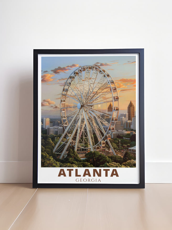 Atlanta poster featuring SkyView Ferris Wheel is ideal for those who love the citys vibrant skyline. This Atlanta travel print is perfect for birthdays anniversaries or as Christmas gifts. Add a modern touch to your home with this unique wall art.