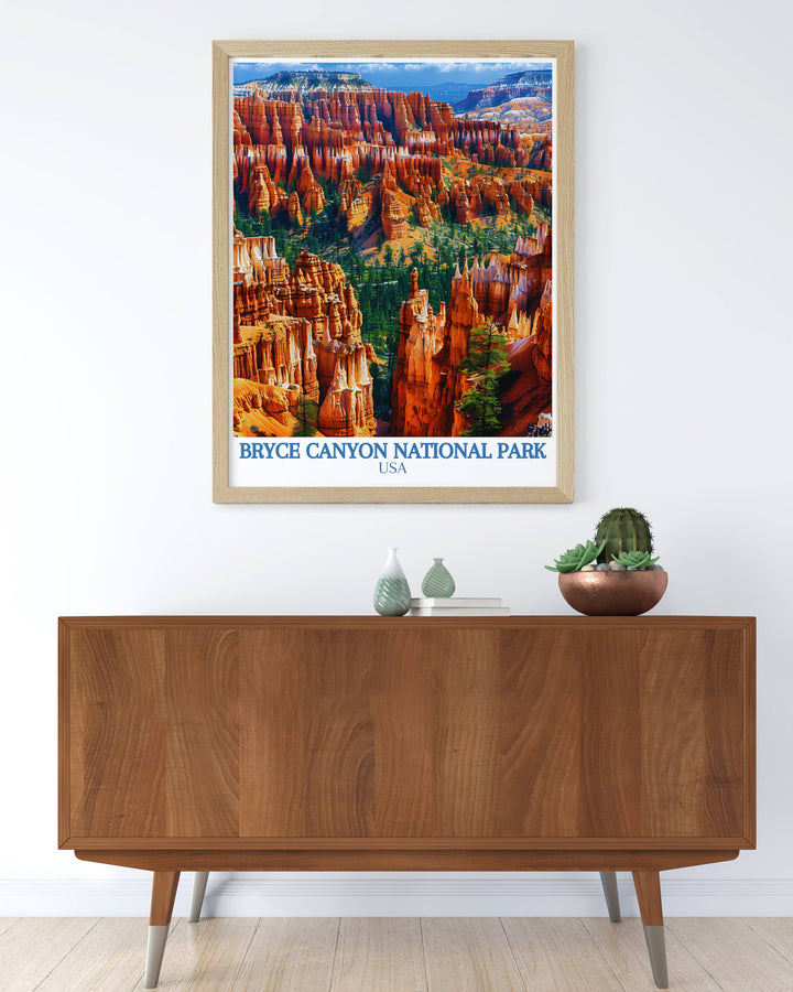 Stunning Bryce Amphitheater travel poster showcasing the natural wonder of Bryce Canyon. Perfect for home decor or as a gift for adventure enthusiasts. High quality print designed to last with vibrant colors and intricate details