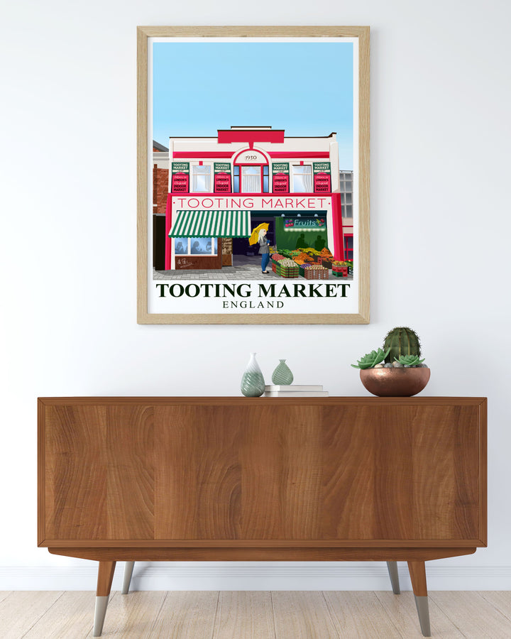 Vintage travel print of Tooting Market highlighting the rich cultural tapestry and energetic spirit of South London ideal for fans of retro London prints