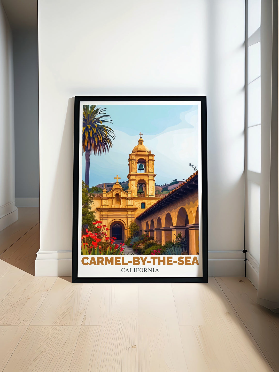 Stunning California poster featuring Carmel Mission Basilica ideal for creating a captivating focal point in your living room with modern prints that bring the tranquility and beauty of Carmel by the Sea into your home