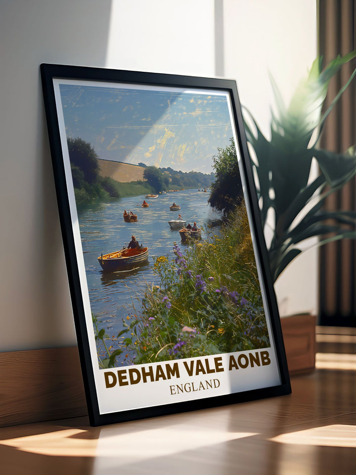 Travel poster featuring the scenic beauty of Dedham Vale, highlighting the lush meadows and winding rivers of Englands countryside, ideal for adding a touch of natural charm to your decor.