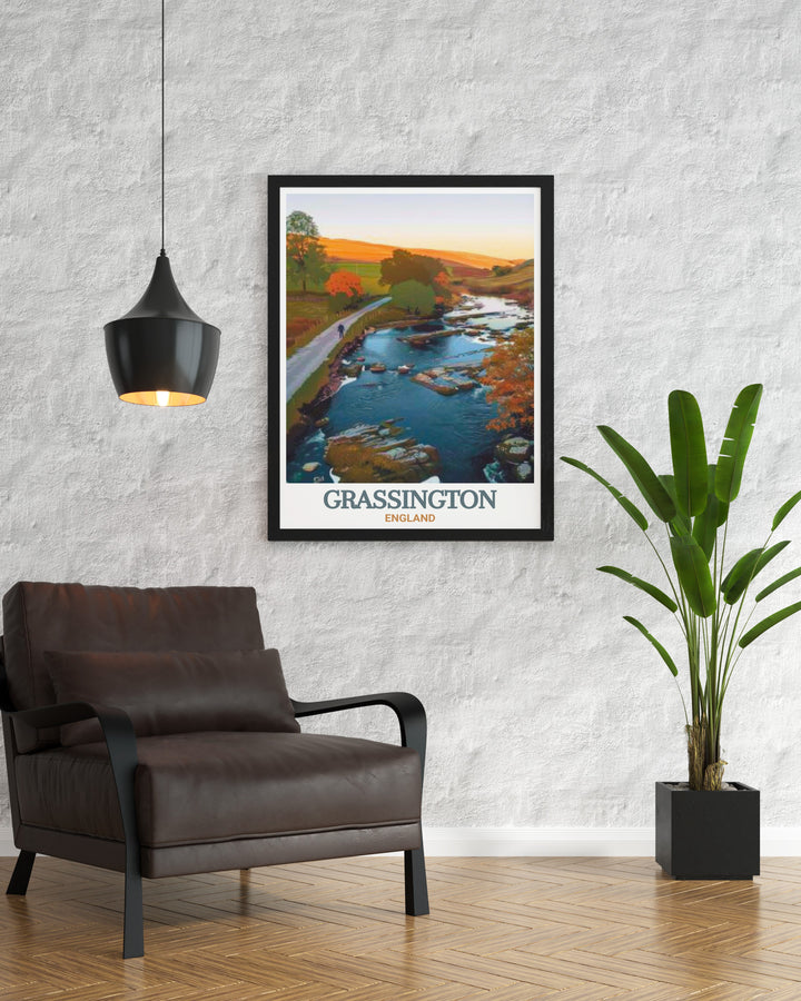 This vintage inspired Yorkshire poster captures the timeless beauty of Grassington and Wharfe View. The print features vibrant colors and classic design elements that evoke a sense of nostalgia and appreciation for Englands historic landscapes. This poster is ideal for vintage decor enthusiasts and those looking to add a touch of English countryside charm to their home.