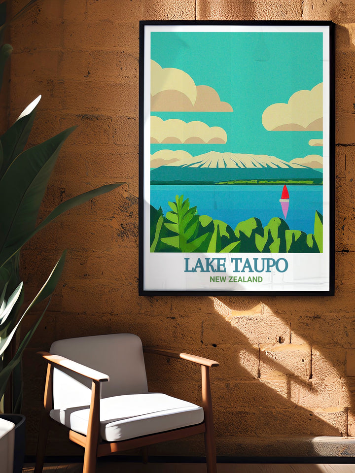 Lake Taupo Travel Poster offering a vibrant depiction of Lake Taupos expansive waters and surrounding landscapes, capturing the essence of this iconic New Zealand destination. The poster is perfect for those who have visited or dream of visiting Lake Taupo, providing a stunning piece of art that celebrates New Zealands natural beauty.