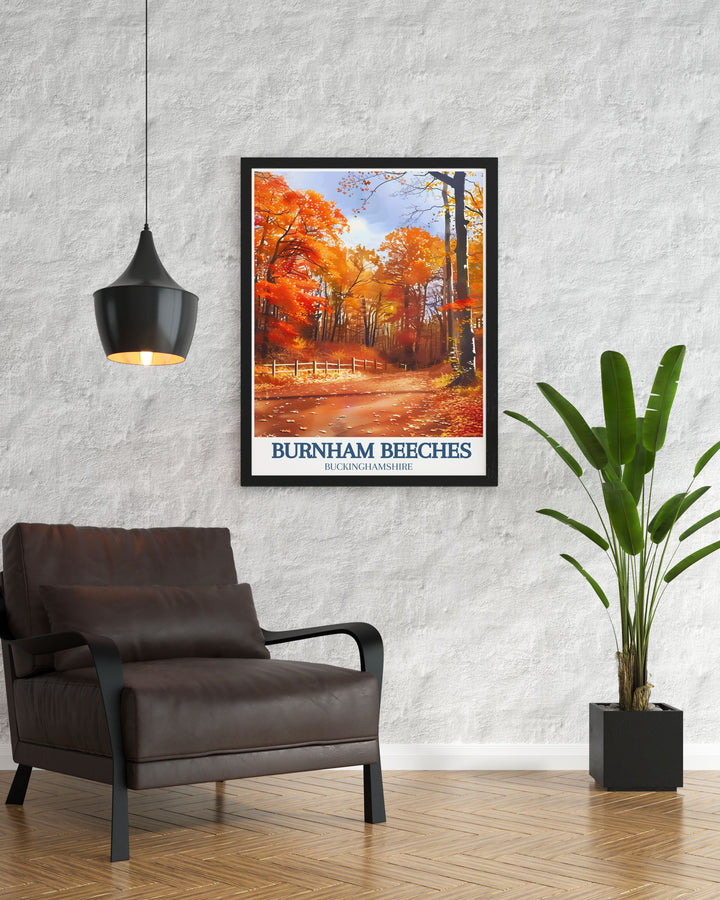 This poster showcases the enchanting landscapes of Burnham Beeches and the charming architecture of Farnham Common, adding a unique touch of the UKs historical and natural beauty to your living space.