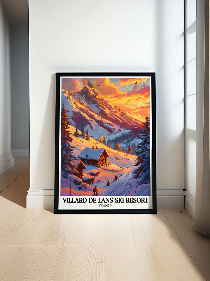 Villard de Lans Ski Resort Poster Print featuring the stunning Villard de Lans village and the iconic Grande Moucherolle peak perfect for home decor or as a gift for adventure lovers who enjoy the beauty of the French Alps and winter sports.