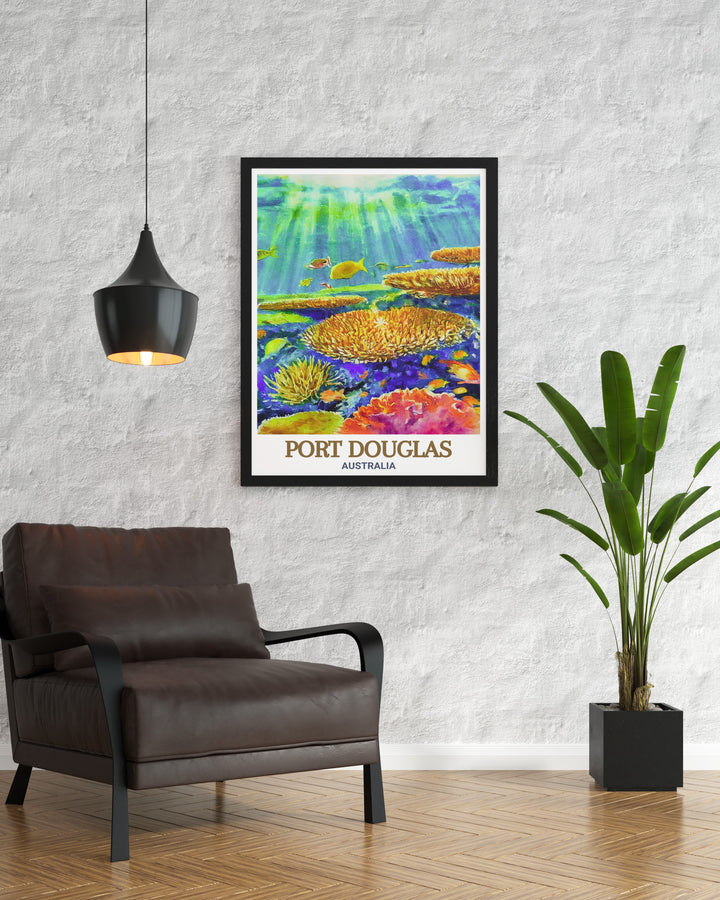 Show your love for Australia with this Port Douglas and Great Barrier Reef travel print. The colorful reef and lush coastlines offer a glimpse of the natural beauty found in this UNESCO World Heritage site.