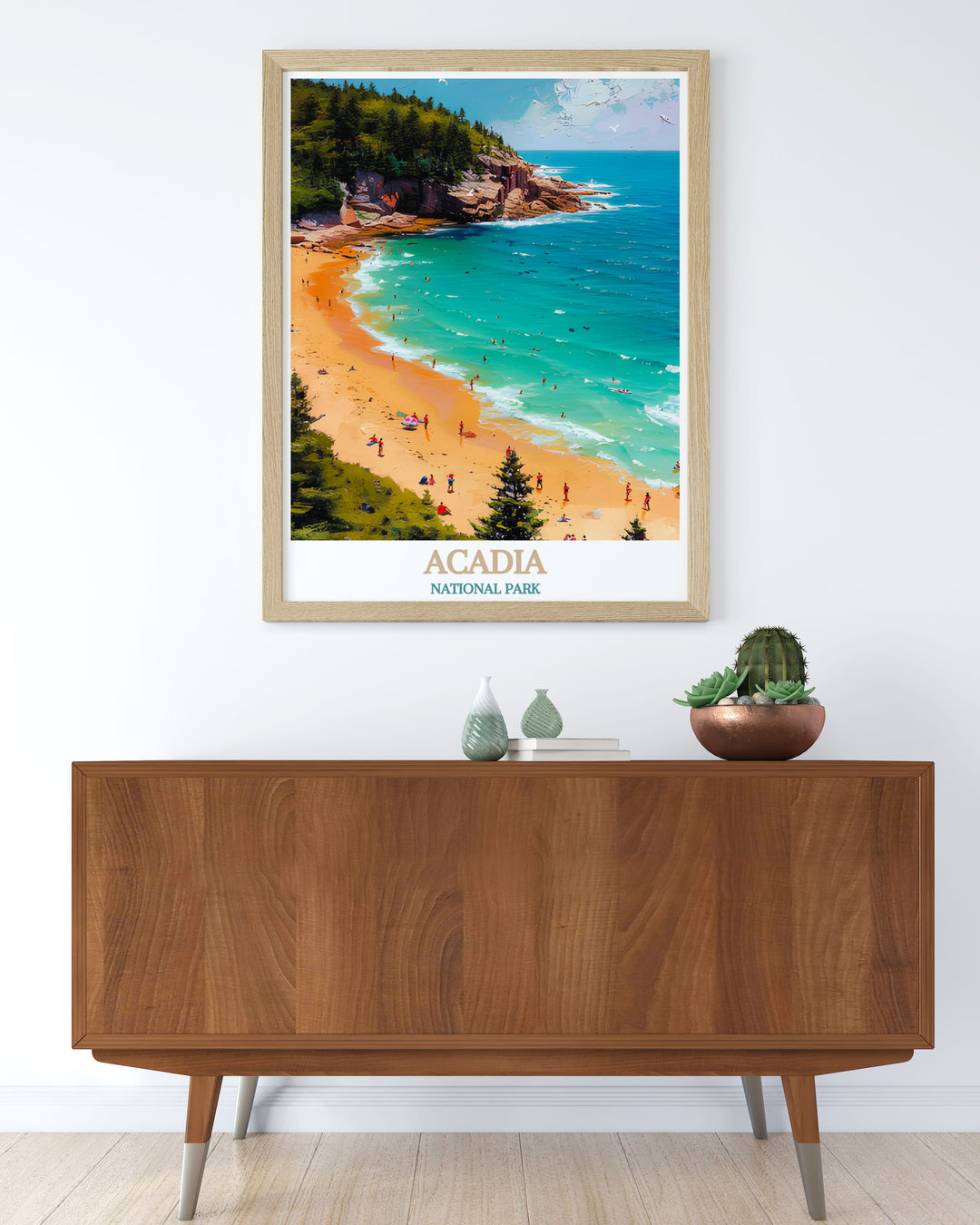 Captivating Acadia National Park print featuring the iconic Sand Beach this artwork brings a touch of wilderness to your living space perfect for anyone who appreciates national park prints and retro travel art.
