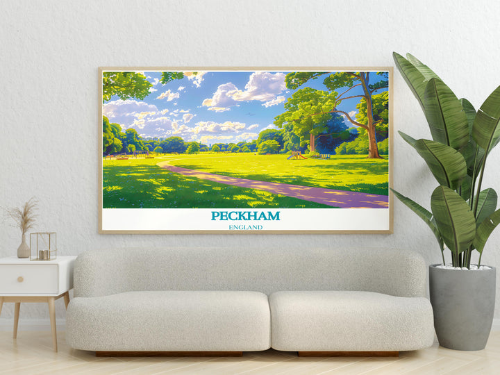 Peckham Rye Park modern print showcasing the tranquil beauty of this South London park ideal for adding a peaceful touch to any living space and enhancing your home decor.