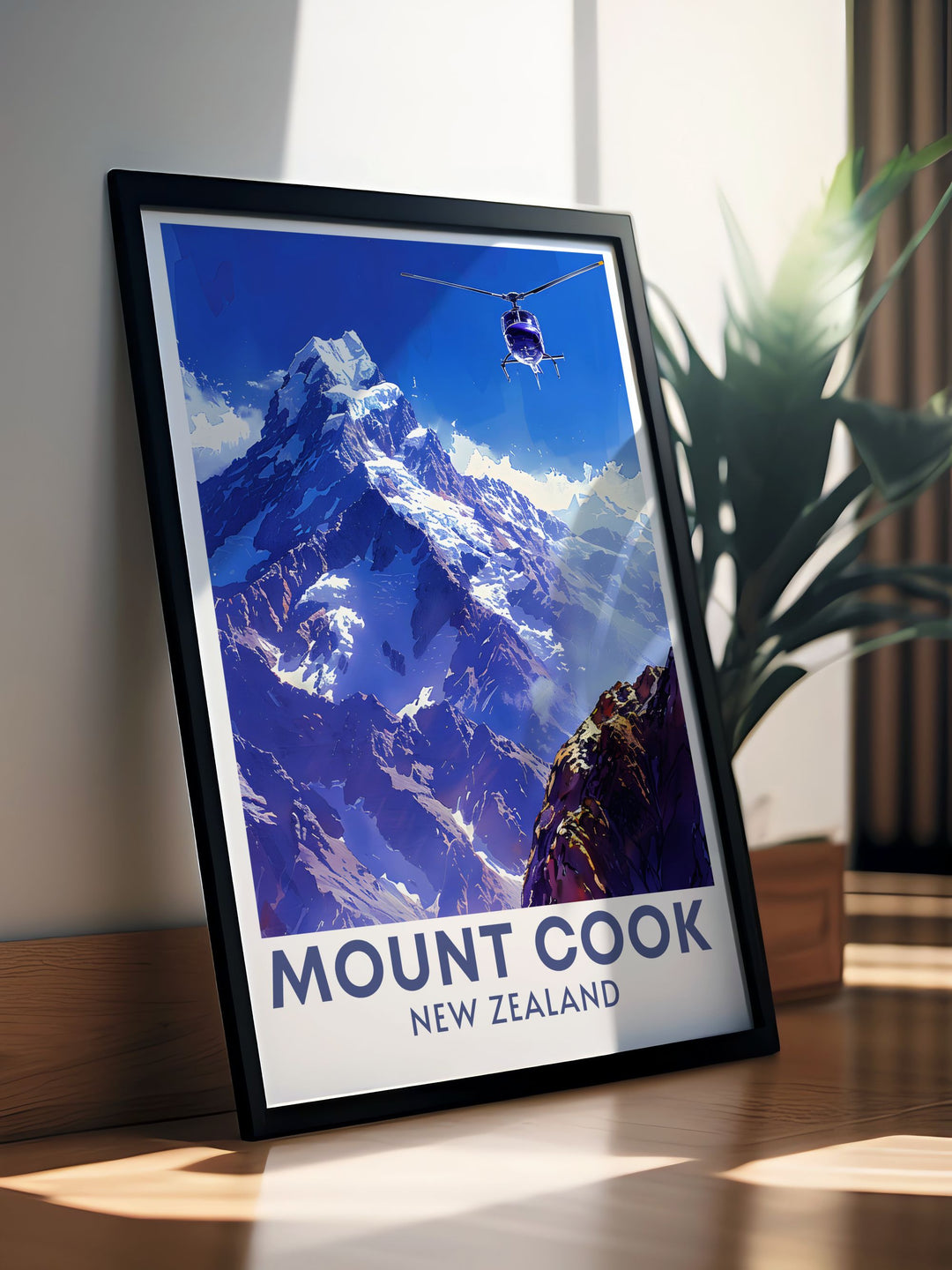 Elevate your home decor with this vintage travel print of Mt Cook capturing the awe inspiring beauty of New Zealands South Island perfect for adding elegance and a sense of adventure to your living room bedroom or office